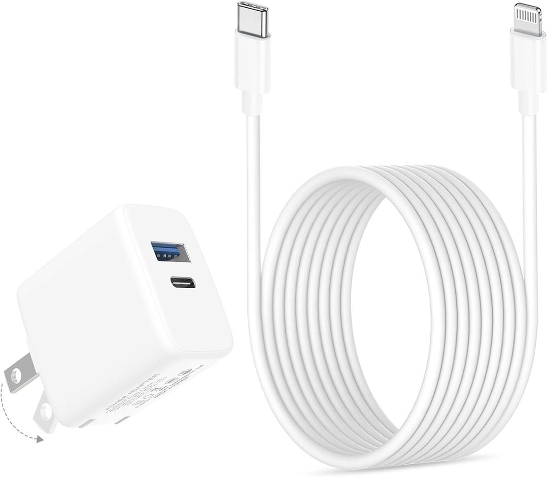 20W Dual Port Fast Charger for iPad 9th 8th 7th 6th 5th Generation 10.2 inch, iPad Air 3/2, iPad mini 5/4/3, Foldable Wall Charger with 6.6ft USB-C to Lightning Fast Charging Cable (White)