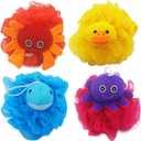 (4 Pack) Lovely Animal Design Kids Exfoliating Bath Scrubber Body Scrubber Shower Ball for Baby Toddler Kids Gentle Exfoliating Bath Sponge Loofah Pouf in Colorful Design