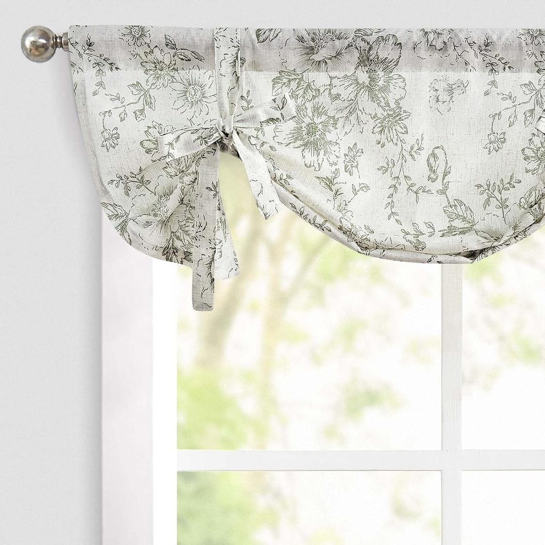 jinchan Tie Up Valance Floral Linen for Window Farmhouse Valance 24 Inch Peonies Botanical Short Window Treatment Adjustable for Kitchen Living Room Light Filtering 1 Panel Sage Green on Beige