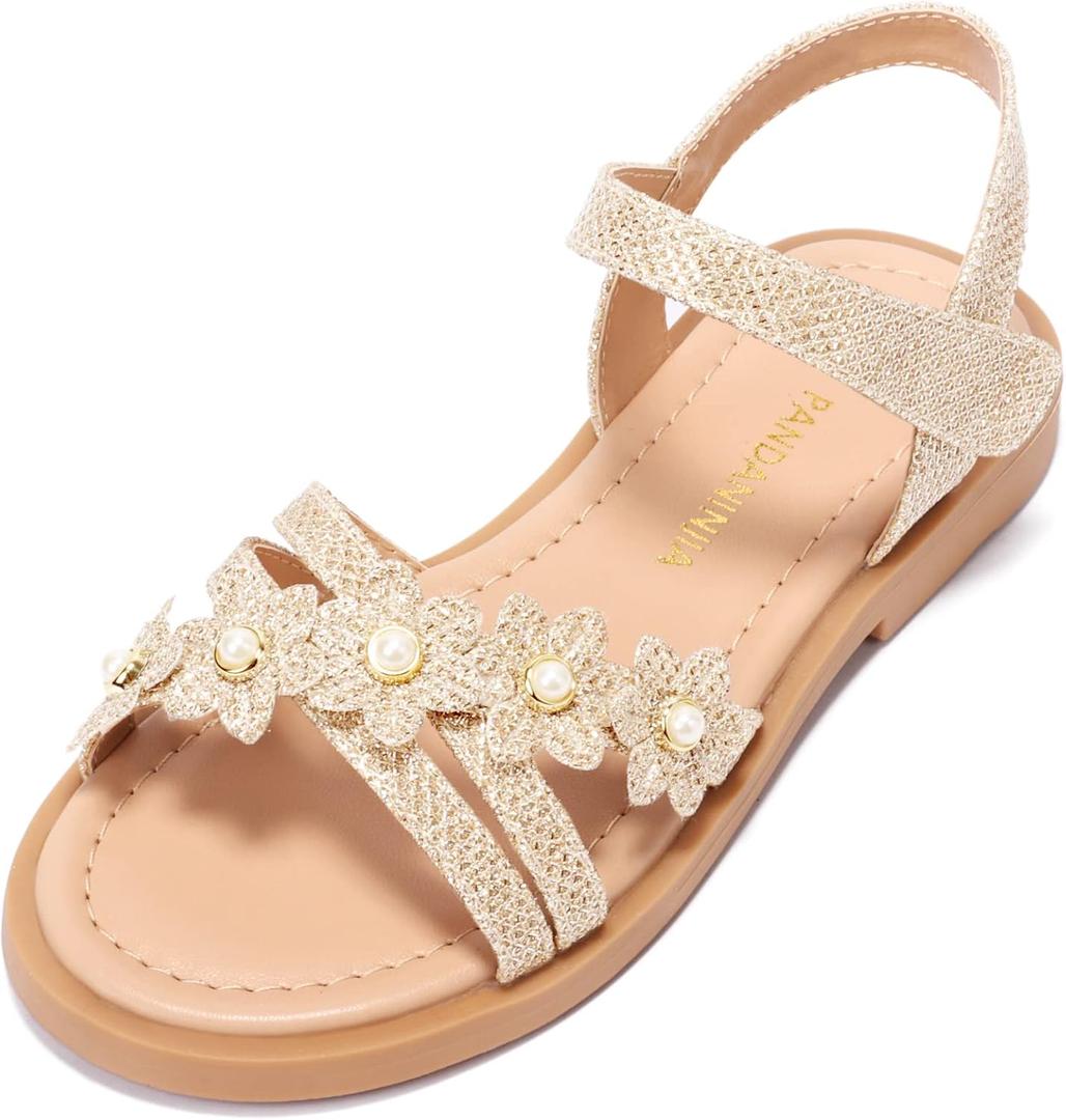 PANDANINJIA Girls Sandals Toddler Little Big Kids Kid Cute Open Toe Flats Dress Sandals Mona Summer Shoes (Beige)