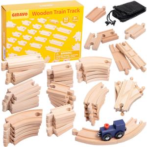 Wooden Train Track Set 53pcs, Wood Train Tracks Accessories Expansion Pack fits Melissa and Doug, fits Brio, fits Thomas, Montessori Toys, Birthday Gift for Boys Girls Toddler Kids (Train Track)