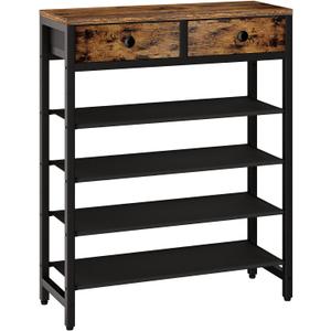 IBUYKE 5 Tier Shoe Rack, Metal Shoe Storage Organizer with 2 Drawers, Shoe Storage Rack for 12-16 Pairs of Shoes, Modern Shoe Stand with Fabric Shelf for Entryway Closet Bedroom, Rustic Brown TXJ040H