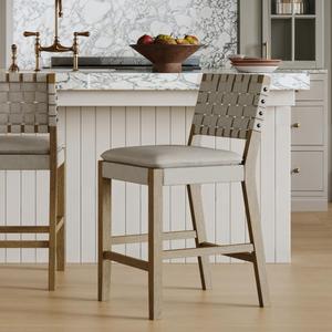 Nathan James Cohen Coastal Bar Stool, Wood Counter Height Leather Bar Stool with Back for Kitchen Island, Gray Mahogany