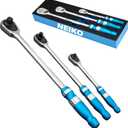 NEIKO 03006A Flat Head Ratchet Set - 3 Piece Low Profile 1/4, 3/8, 1/2 Inch Drive, 90 Teeth, Anodized Textured Grip Handle, Long Handle, Sealed Head, Cr-Mo