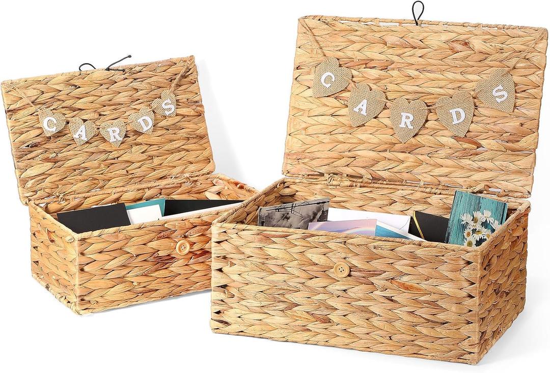 Geelin 2 Set 2 Size Rustic Wedding Card Basket Set Water Hyacinth Decorative Wicker Basket Boxes with Letter Flag Suitable For Baby Shower Birthday Party Graduation Ceremonies Bridal Supplies