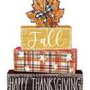 DIYDEC 4Pcs Fall Table Decor Fall Wood Block Signs Maple Leaves Sign Autumn Tiered Tray Decor Thanksgiving Centerpieces Signs for Holiday Tabletop Coffee Fireplace Shelf Desk Party Decoration