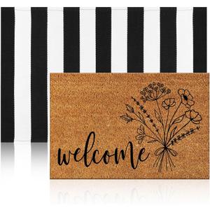 Duraaamo 2 Pcs Spring Coir Doormat Outdoor Flower Welcome Outdoor Rug Front Porch Mats Layered Black and White Stripe Rugs for Spring Front Porch Entryway Decor