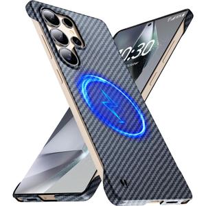 Magnetic Ultra-Thin Frosted Soft Touch Skin Borderless Carbon Fiber Bump Texture for Samsung Galaxy S25 Ultra Case 6.9" Slim Minimalist Lightweight Frameless Matte Hard Cover Case-Black