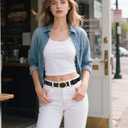 SANSTHS Women Leather Belts for Jeans Pants Fashion Ladies Waist Dresses Belt Gold Round Buckle,black，L