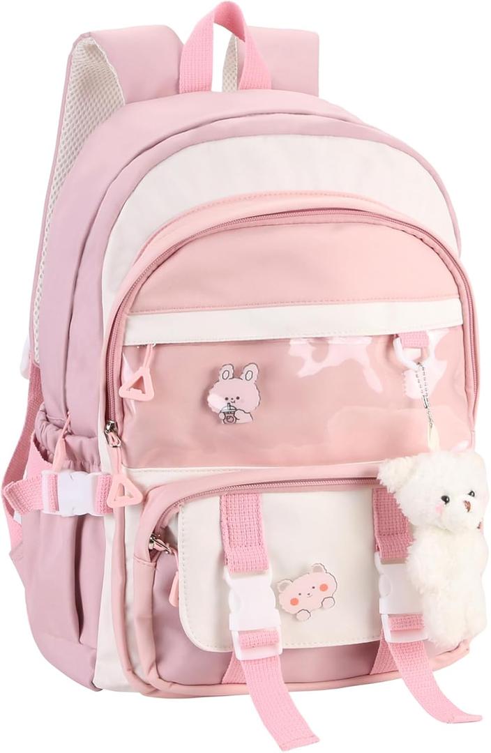 Phaoullzon Kawaii Backpack for Girls School Bookbag Cute Anime Backpacks with Pins and Pendant (Pink)