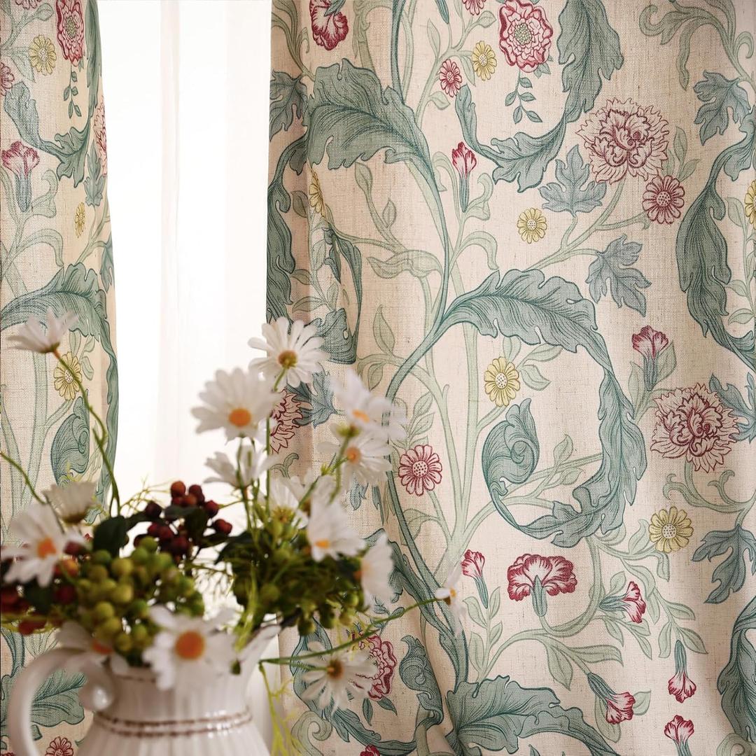 patdrea French Green Floral Curtains,94 Inch Long 2 Panels Set Semi Sheer Curtain with Grommets,Vintage Country Print Toile Linen Curtains Suitable for Kitchen,Living Room,Bedroom,53"*94"