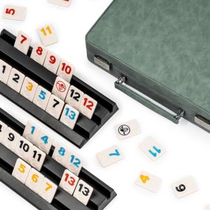 Rummy Game Set, 2-4 Players with 106 Rummy Tiles and 4 Racks, Rummy Travel Game Set with Faux Leather Case, Fun Family Classic Board Games (Green)