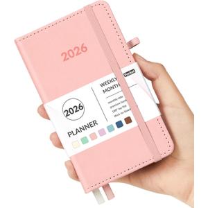 Forvencer Pocket Planner 2026, Weekly Monthly Planners with Month Tabs for Purse, 3.5" x 6", Jan 2026-Dec 2026, Cute Small Daily Academic Calendar, Elastic Band, Hardcover Agenda for Women, Teacher (Gliter-Pink)