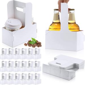 Kosiz 60 Pcs 2 Cup Drink Carrier with Handle 6.9 x 3.2 x 8.9 Inch Coffee Holder Paperboard Drink Carrier for Hot and Cold Beverage Takeout Cafe and Restaurant Wedding Food Delivery(White)