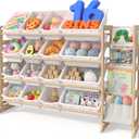 NUTIKAS Toy Storage Organizer with Bookshelf - Wooden 16 Bins Kids Toy Organizer Rack, Solid Pine Wood, Toys Box for Toddler, Playroom, Living Room, Bedroom, Nursery