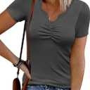 Women's 2024 Short Sleeve Ribbed Knit Tops Ruched V Neck Henley Shirts Button Up Lace Trim Blouses Tee (Small, A9-darkgrey)