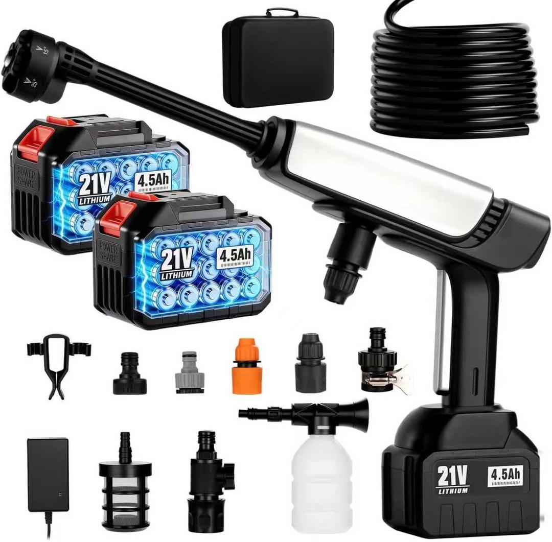 Cordless Pressure Washer Battery Powered,Portable Power Washer with 2pcs 4.5Ah 21V Battery&Charger & 6-in-1 Nozzle,2 Power Level & on/Off Button,Handheld Pressure Washer for Car,Home,Garden Patio