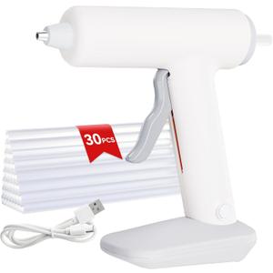Hot Glue Gun, Cordless Hot Glue Gun, 90s Fast Heating, Mini glue gun and sticks set with 2600mAh Type-C Rechargeable,30 Premium Glue Sticks, Ideal for DIY Crafts, Home Repairs, White
