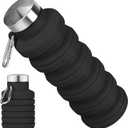 Collapsible Water Bottle, 16oz Portable Reusable Silicone Water Bottle, BPA-Free Leak-Proof Foldable Design with Carabiner, Lightweight Durable for Gym, Travel, Camping, Hiking, Sports-Black