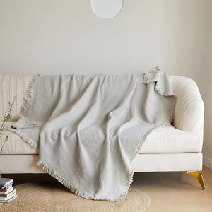 Linen Throw Blanket with Fringe for Couch/Bed/Sofa/Gift, Natural Washed Flax Solid Color Soft Breathable Cozy Farmhouse Boho Home Décor 114 x 86