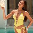 ZAFUL Halter Swimsuits for Women Textured Backless 2 Piece Bathing Suits Cheeky High Cut String Tie Side Bikini Sets (Yellow, L)