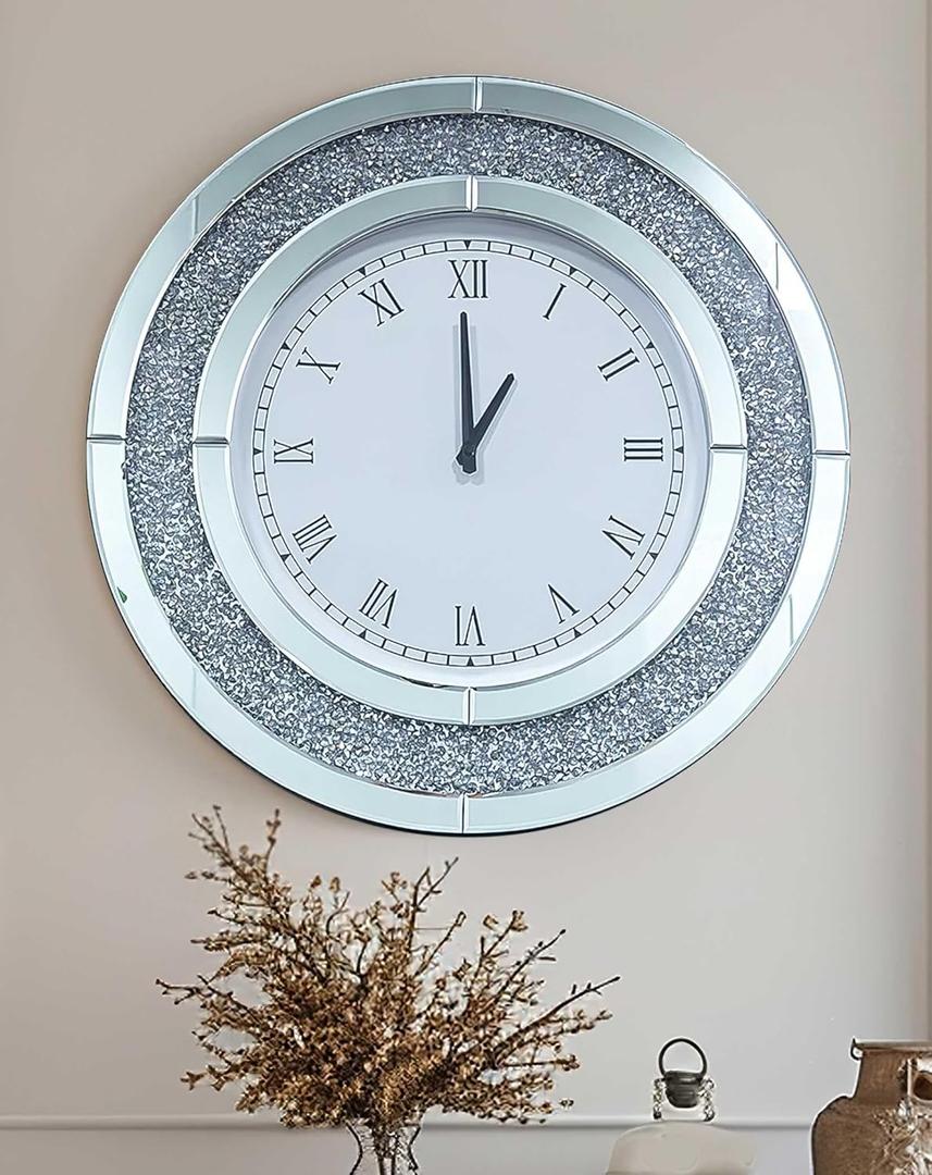 Crushed Diamond Wall Clock Round Decorative Mirrored Clock 32 inch Silver