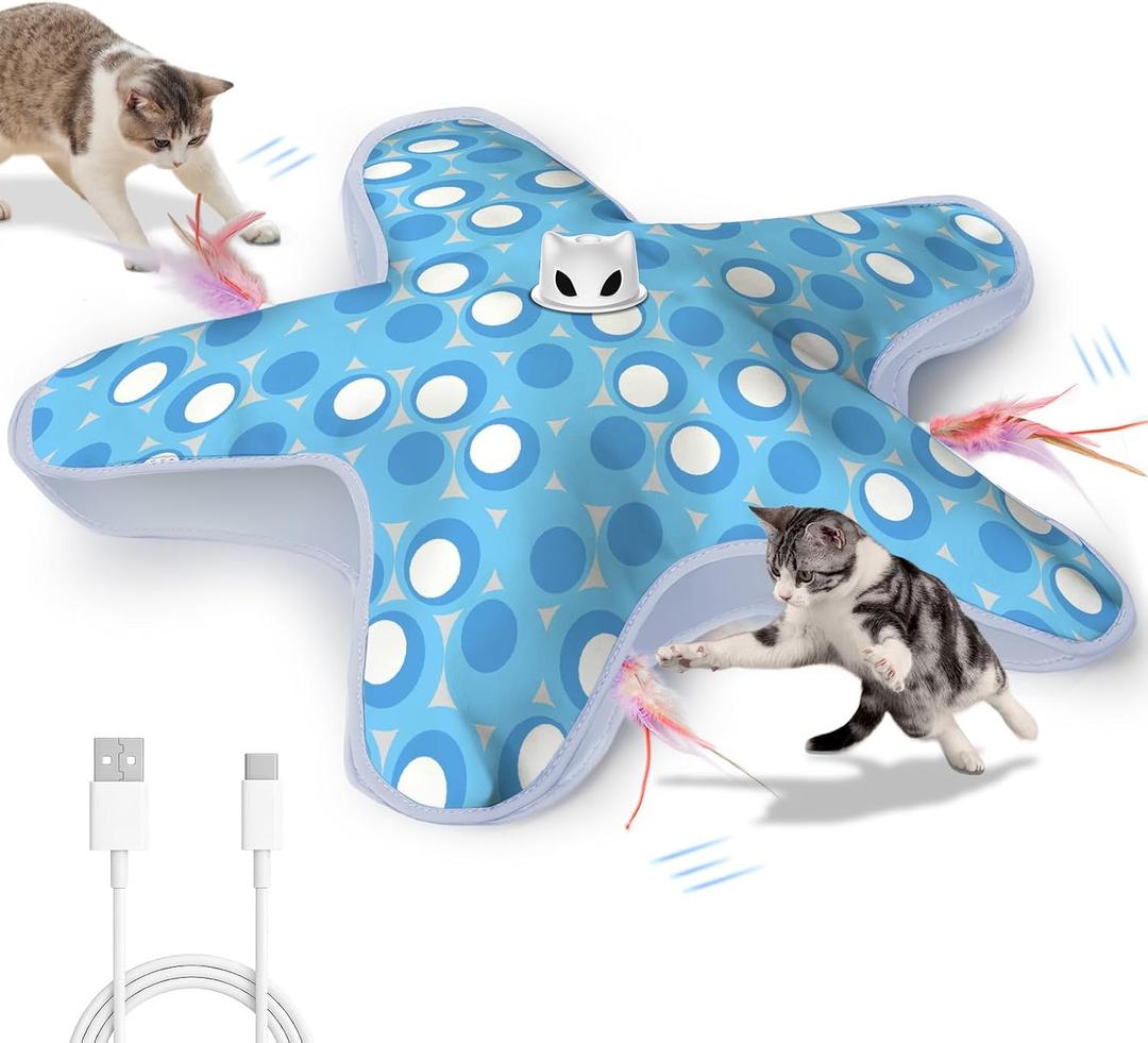 Rechargeable Interactive Cat Toys, Automatic Cat Toy for Indoor Cats, Durable Hide and Seek Cat Toy with Moving Concealed Feathers, Touch Activated Kitten Toys Cat Exercise Toys, Blue White Cover