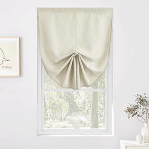 RYB HOME Adjustable Pull Up Small Window Shades, Flax Linen Sticky Adhesive Roman Valance for Kitchen Bathroom, Privacy Protect Curtains for Cafe Door Window, W36 x L55 inches, Natural, 1 Piece