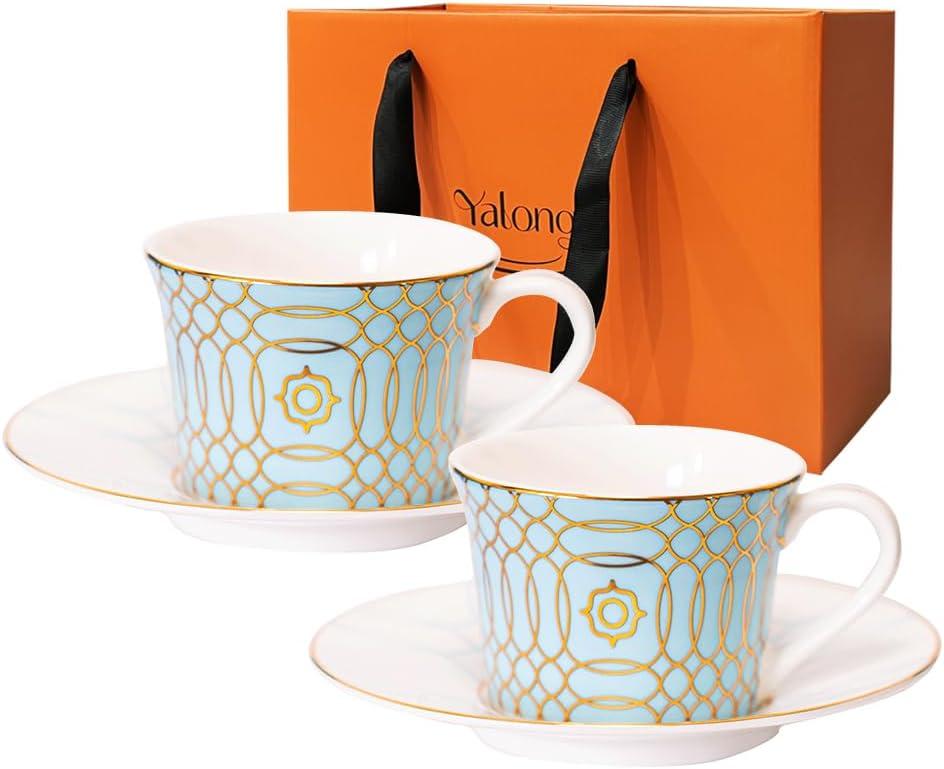 YALONG Ceramic Tea Cup and Saucer Set of 2, 7oz, Cappuccino, Latte Coffee Cup, Suitable for Afternoon Tea, Breakfast Tea and Dessert, Bone China, Light Blue Circular Gold Edge
