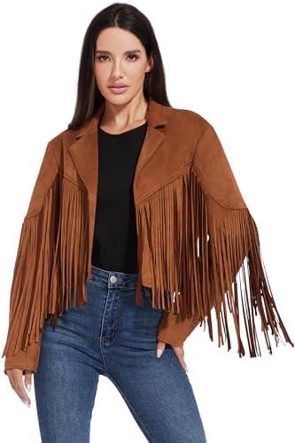 Fahsyee Women's Fringe Leather Jackets - Suede Faux Motocycle Biker Cropped Coat Vegan Blazer Pleather Fashion Tassel M