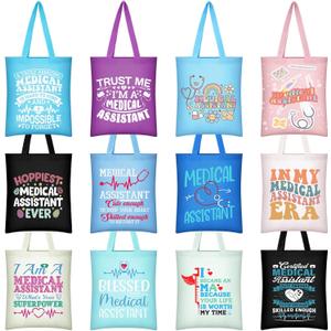 Paterr 12 Pcs Medical Assistant Bags Medical Assistant Week Recognition Day Gifts Bulk MA Appreciation Gifts Nursing Totes Canvas Stuff Nurse Handle Bags for Women Doctor Retirement Party Supplies