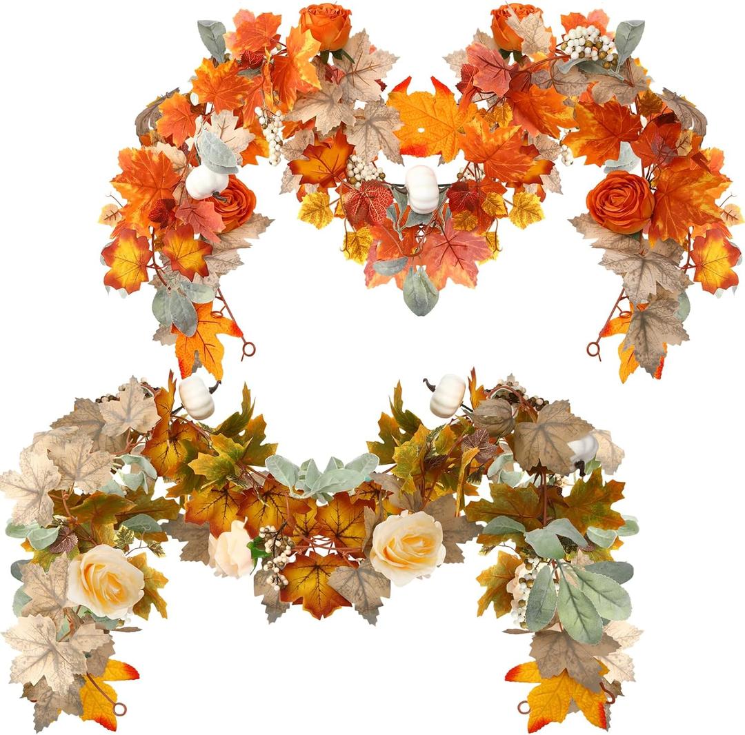 Hotop 2 Pack 6 ft Thanksgiving Maple Leaf Garland for Autumn Decoration, Artificial Harvest Garland with Maple Leaves, Rose and Pumpkin, for Wedding Party Dinner Indoor Outdoor Fireplace