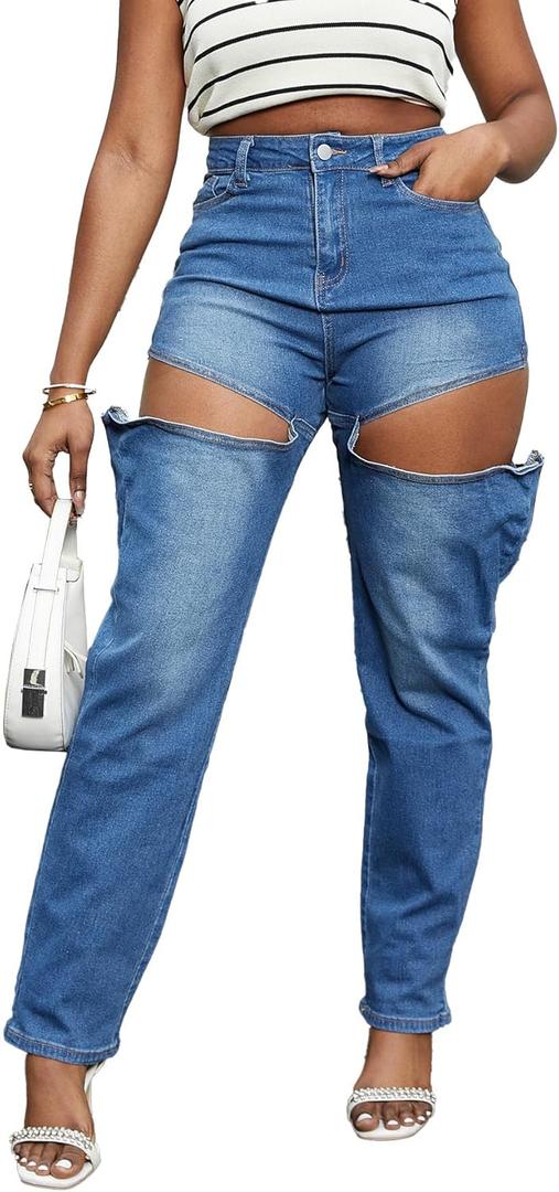 YOOTIKO Women's Baggy Jeans Y2K High Waisted Cutout Straight Leg Stretchy Boyfriend Denim Pants Streetwear (Large, 1 Blue)
