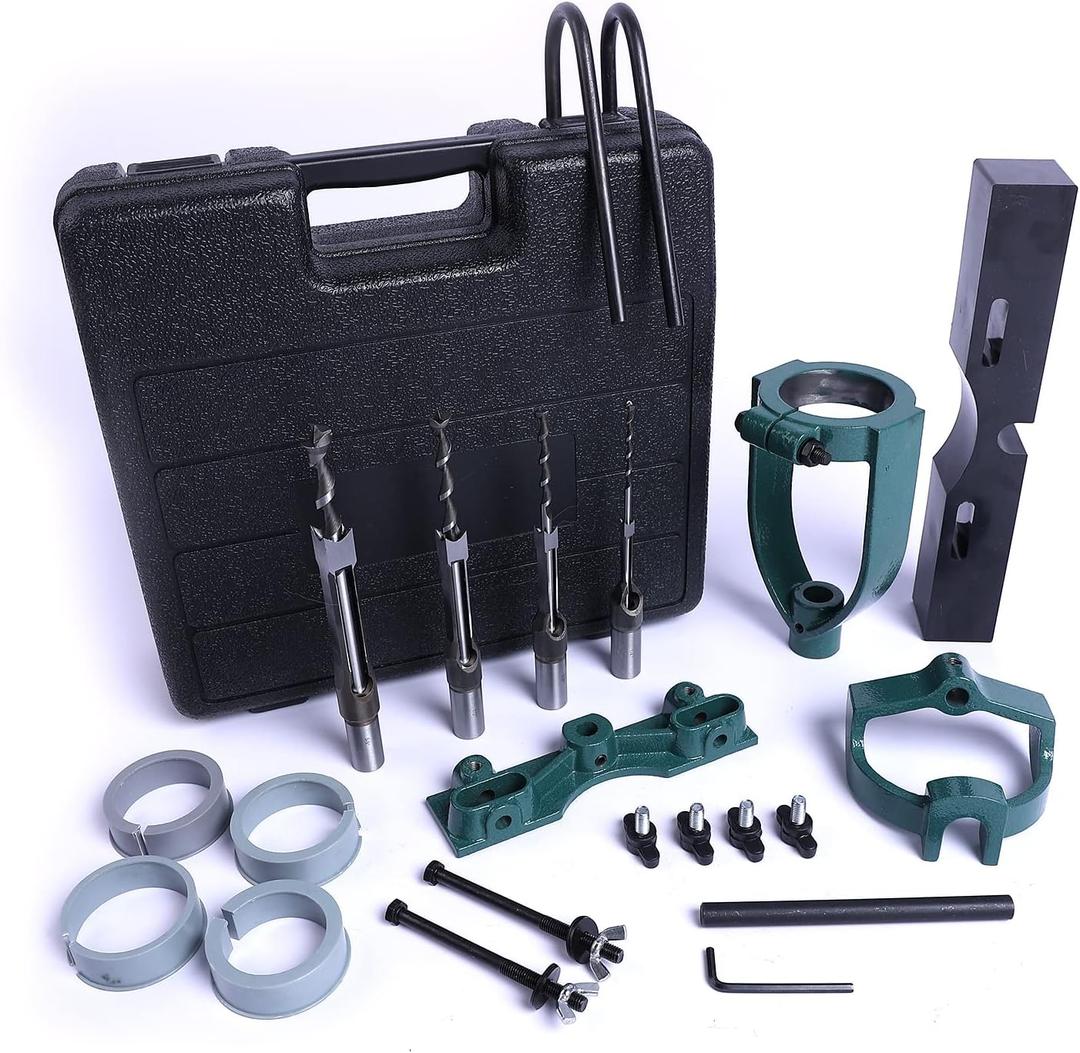 Mortising Attachment for Drill Press, 4 Model Drills Square Hole Chisel Set, Mortise and Tenon Tools, Drill Press Mortising Attachment Kit, Woodworking Mortise Bench Drill Locator Set (Green)