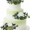 3Pcs Pre-made Flowers Cake Decorations, Green & White Wedding Artificial Flowers Cake Toppers Birthday Baby Shower Gender Reveal Bridal Shower Baptism Party Decor Supplies