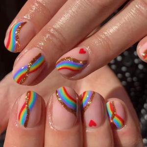 3 x 24Pcs Press on Nails Short, Rainbow Fake Nails Square, Glitter Press on Acrylic French False Nails Tips with Design, Colorful Stripes Heart Glossy Artificial Nails Gay Pride Stick On Nail