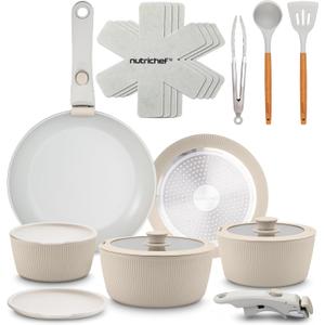 NutriChef 18-Piece Ceramic Cookware Set with Detachable Handles, Non Stick Pots and Pans, PTFE-Free Natural Ceramic Coating, Space-Saving Design, Oven & Stove Safe, Includes Utensils, Cream