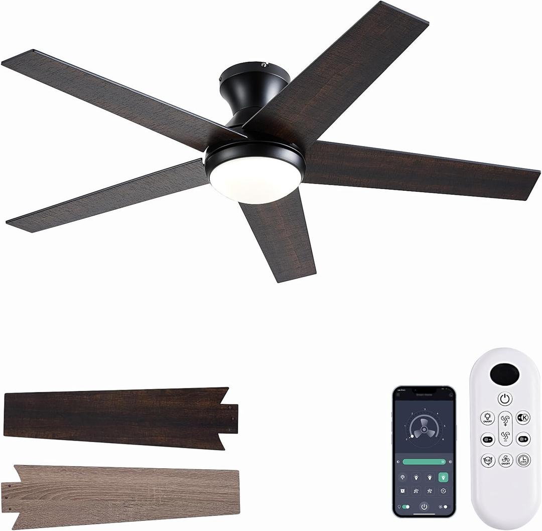 Ceiling Fans with Lights, 48 inch Low Profile Ceiling Fan with Light and Remote Control, Flush Mount, Reversible Motor, Dimmable, Noiseless, Brown Ceiling Fan for Bedroom, Indoor/Outdoor Use, Black