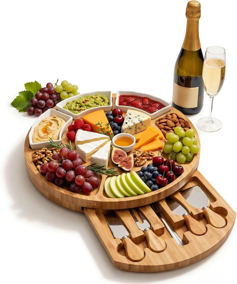 ZENFUN 13 Inch Bamboo Cheese Board and Knife Set, Round Charcuterie Boards with Bowls, Cheese Cutting Platter Serving Tray for Housewarming, Party, Picnic, 13 x 1.5
