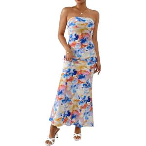 OYOANGLE Women's Floral Print Sleeveless Strapless Draped Backless Bodycon Summer Maxi Tube Dress (Large, Multicolor)
