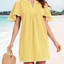 HOULENGS Women's Summer Flutter Short Sleeve A Line Mini Dress Casual Contrast Trim V Neck Short Dress with Pockets Yellow X-Large