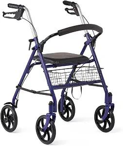 Medline Steel Rollator Walker with Seat, Blue, 300 lb. Weight Capacity, 8” Wheels, Foldable, Adjustable Handles, Rollator Walker for Seniors, Rolling Walker for Mobility Impairment