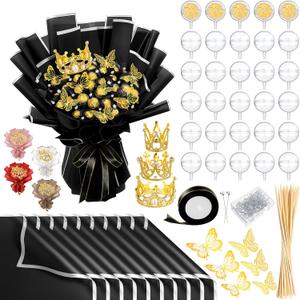 109 Graduation DIY Chocolate Flower Bouquet Kit 2025 Candy Rose Clear Acrylic Lollipop Ball Holder Floral Wrapping Paper 3D Gold Butterfly Crown Ribbon Grad Gift(Black and Silver)