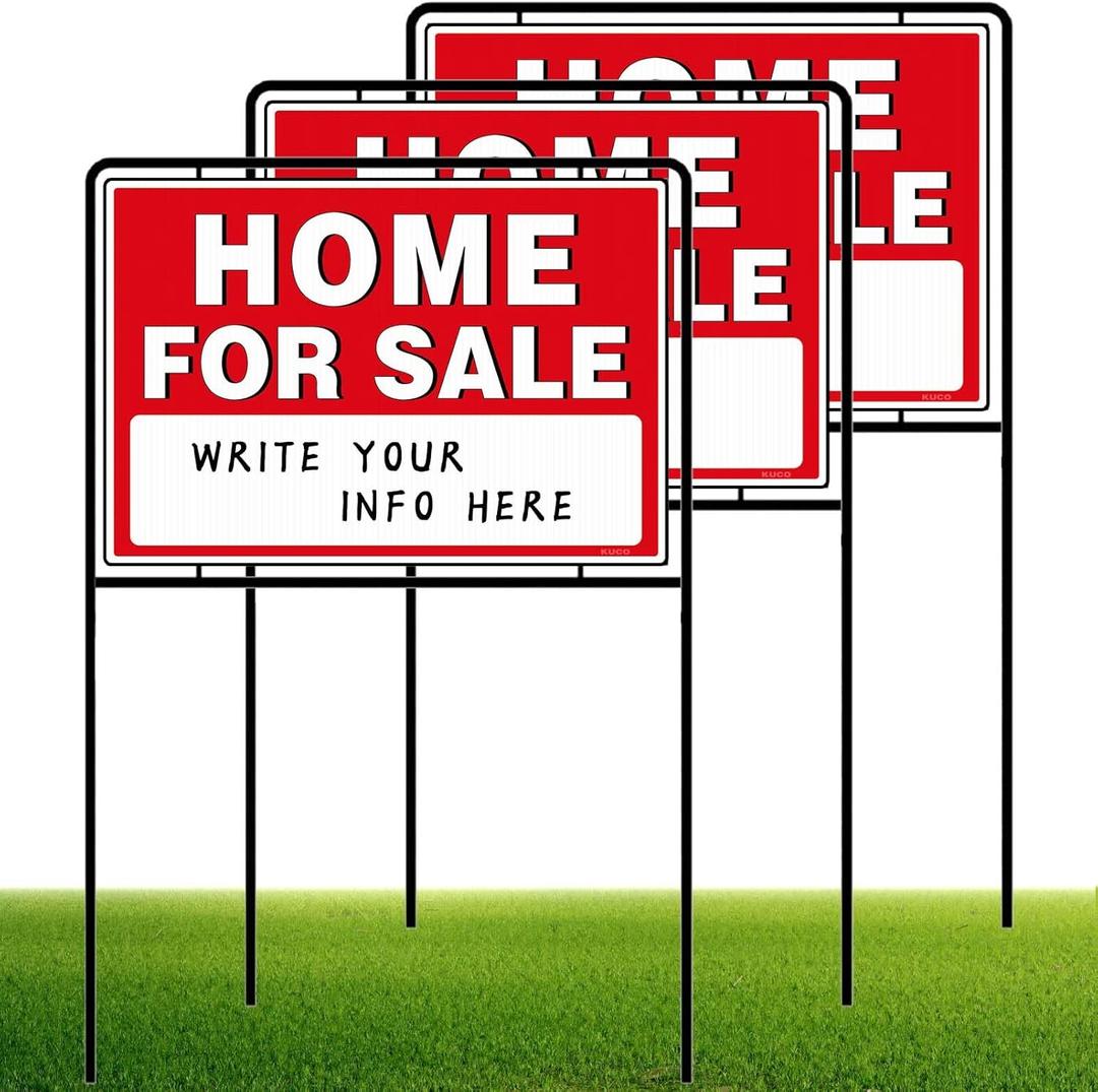 Home For Sale Sign with Stakes, 30 Tall, Double Sided Signs, For Sale By Owner Signs for Real Estate, Yard Sign for Home House Real Estate (3 Pack)