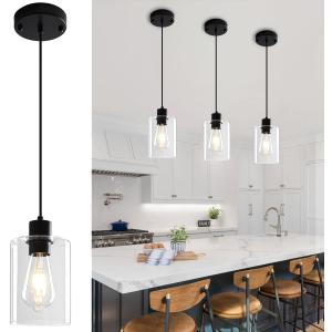 3 Pack Black Pendant Lights Kitchen Island, Modern Glass Pendant Lighting Over Island Kitchen Hanging Bathroom Ceiling Light Fixtures Adjustable Pendant Lights for Dining Room Hallway Bedroom