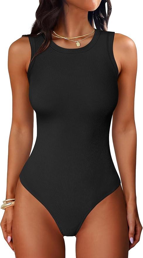 ANRABESS Bodysuits for Women Summer Ribbed Knit Sleeveless Tank Tops Sexy Slim Fitted Bodysuit Top 2026 Trendy Outfits
XL Black