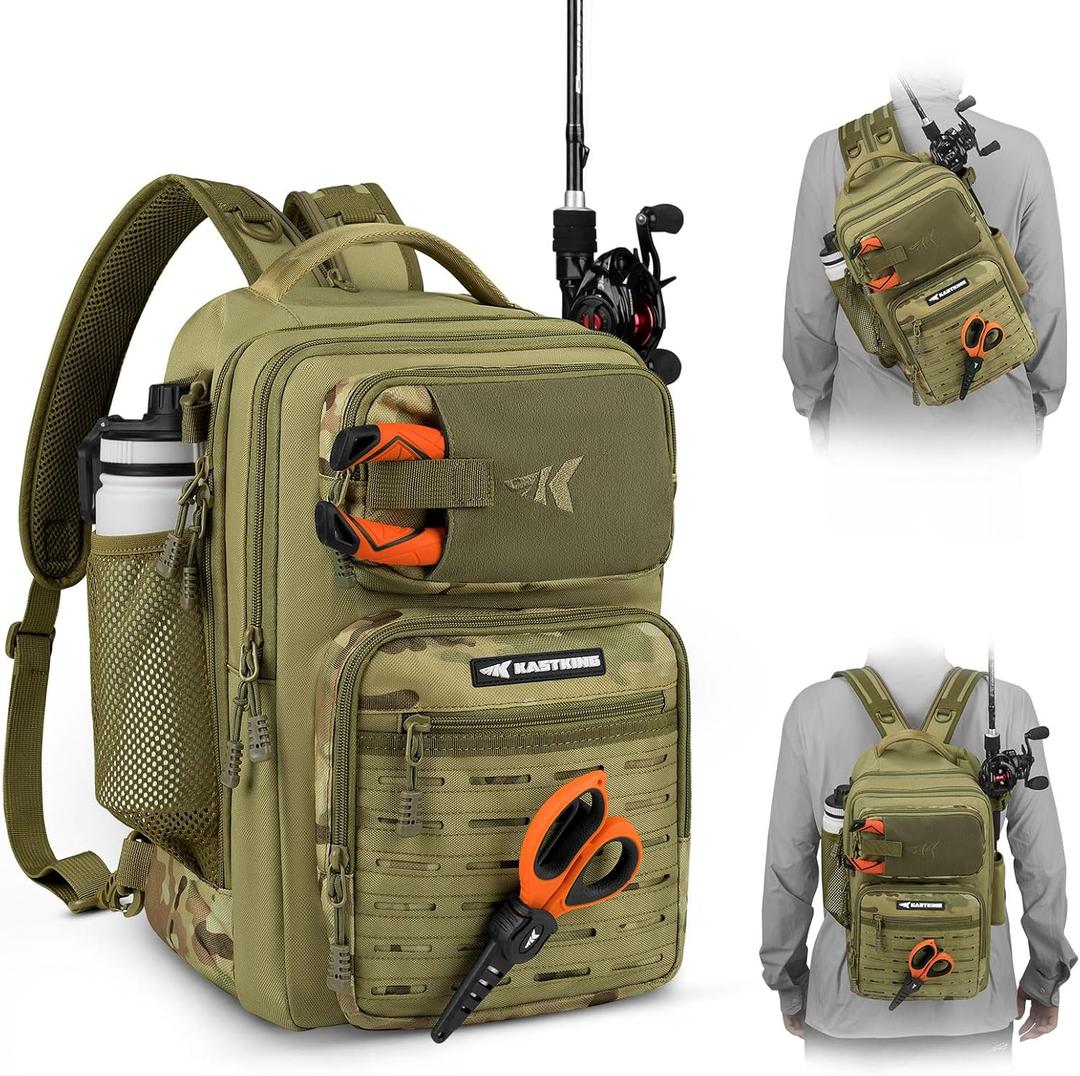 KastKing BlowBak Tactical Sling Tackle Bag-Lightweight Fishing Backpack Storge Fishing Gear and Equipment,Gift for Men (Large, F: Double Shoulder-khaki Camo16.9 X 10.6 X 8.3)