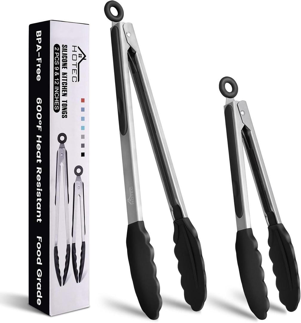 HOTEC Premium Stainless Steel Locking Kitchen Tongs with Silicon Tips, Set of 2-9" and 12" (2 pack:Black)