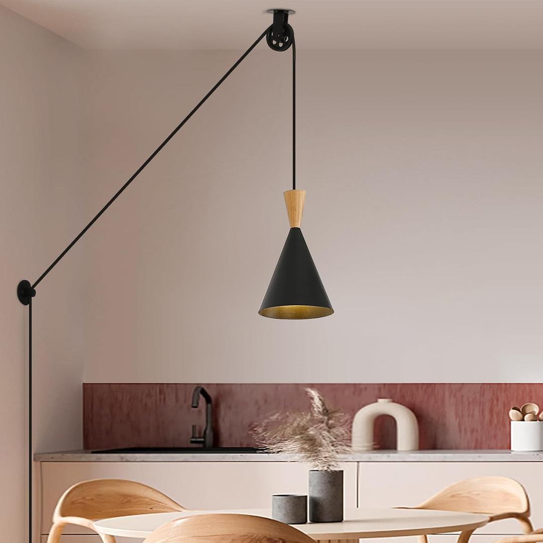 Modern pulley plug in Pendant Light with cord, Adjustable chandelier hanging lamps that plug into wall outlet for Kitchen Island, Bedroom, Living room, Dining Room, Contemporary wall Décor black)
