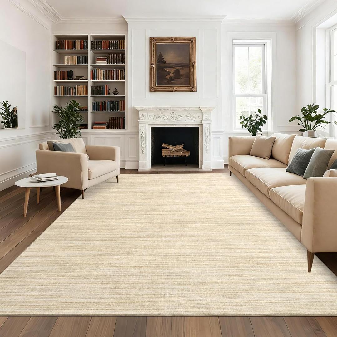 9x12 Area Rugs for Living Room Washable Solid Large Bedroom Rugs Non Slip Soft Modern Abstract Dining Room Throw Carpet Minimalist Classic Plain Area Rug for Nursery Kitchen Home Office, Beige